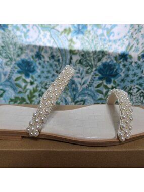 Coutgo Womens Flat Sandals Square Open Toe Pearl Two Strap Slip On Beach...